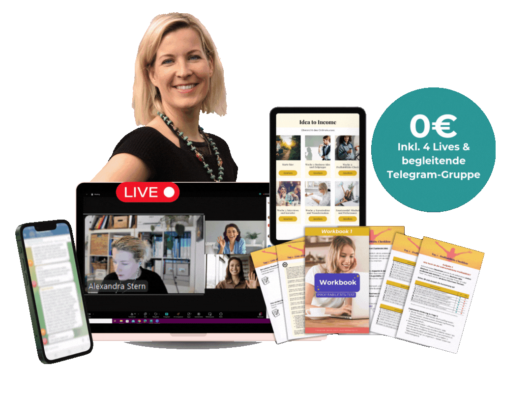 inklusive 4 Lives, Telegram-Gruppe und eine 11-Session (1) Onlinekurs Struktur Lead Magnet Mockup